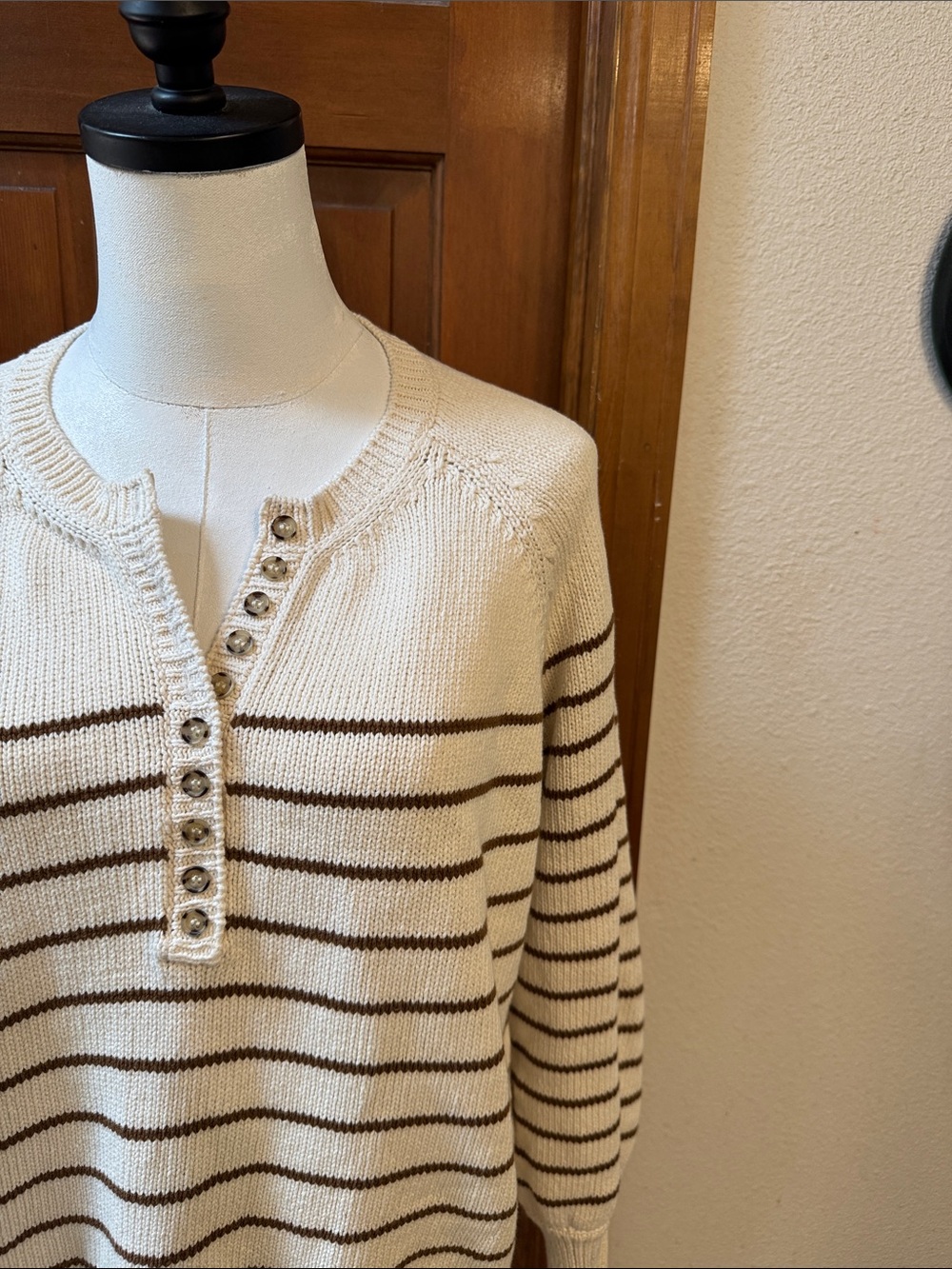 Sezane Cream & Brown Stripe Henley Sweater with Button Placket Size S - Picture 9 of 9